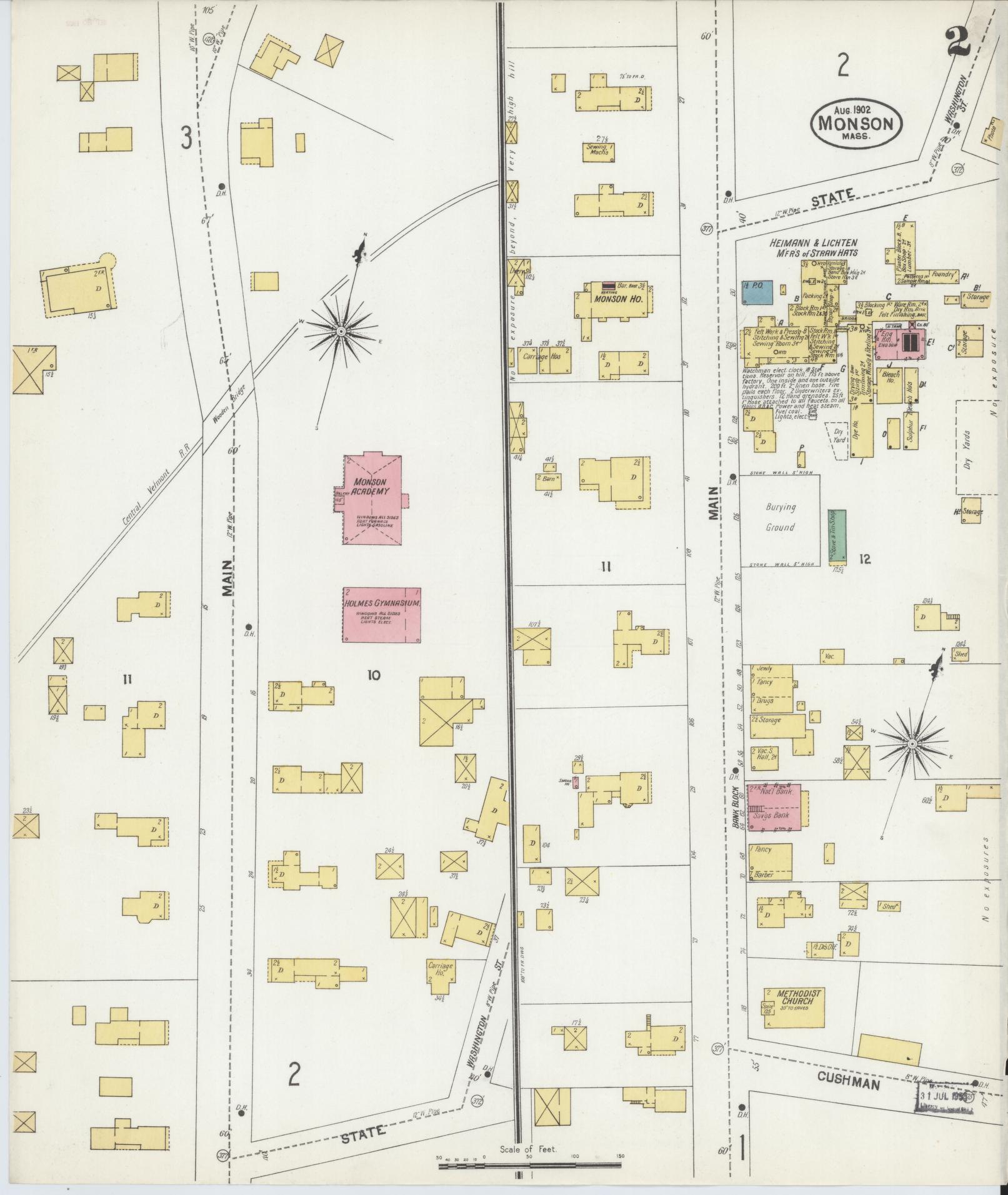 Sanborn Fire Insurance Map from Monson, Hampden County, Massachusetts (1902), Sheet #0002 - Complete Map Set gallery image, historic Sanborn map, vintage wall art, Massachusetts Massachusetts