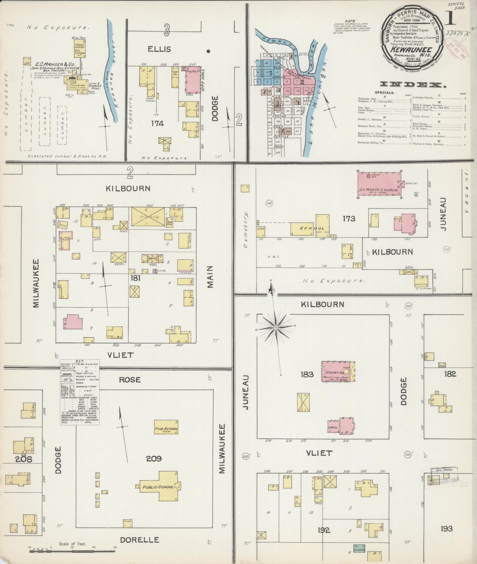 Sanborn Fire Insurance Map from Kewaunee, Kewaunee County, Wisconsin (1892), Sheet #0001 - Complete Map Set gallery image, historic Sanborn map, vintage wall art, Wisconsin Wisconsin