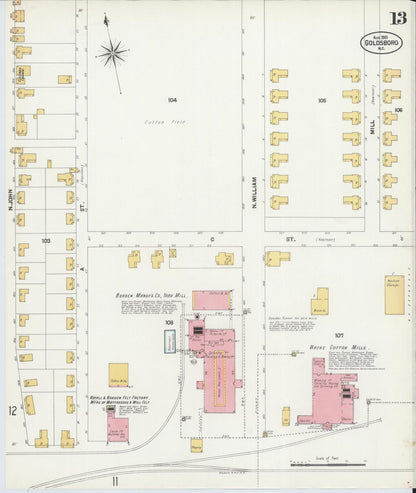 Sanborn Fire Insurance Map from Goldsboro, Wayne County, North Carolina (1901), Sheet #0013 - Complete Map Set gallery image, historic Sanborn map, vintage wall art, North Carolina North Carolina