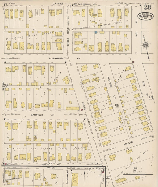 Sanborn Fire Insurance Map from Marinette, Marinette County, Wisconsin (1921), Sheet #0028 - Historic Sanborn Fire Insurance Map Print, vintage old map wall art, antique decor, genealogy gift, Wisconsin Wisconsin map