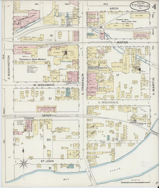 Sanborn Fire Insurance Map from Titusville, Crawford County, Pennsylvania (1887), Sheet #0004 - Historic Sanborn Fire Insurance Map Print, vintage old map wall art, antique decor, genealogy gift, Pennsylvania Pennsylvania map