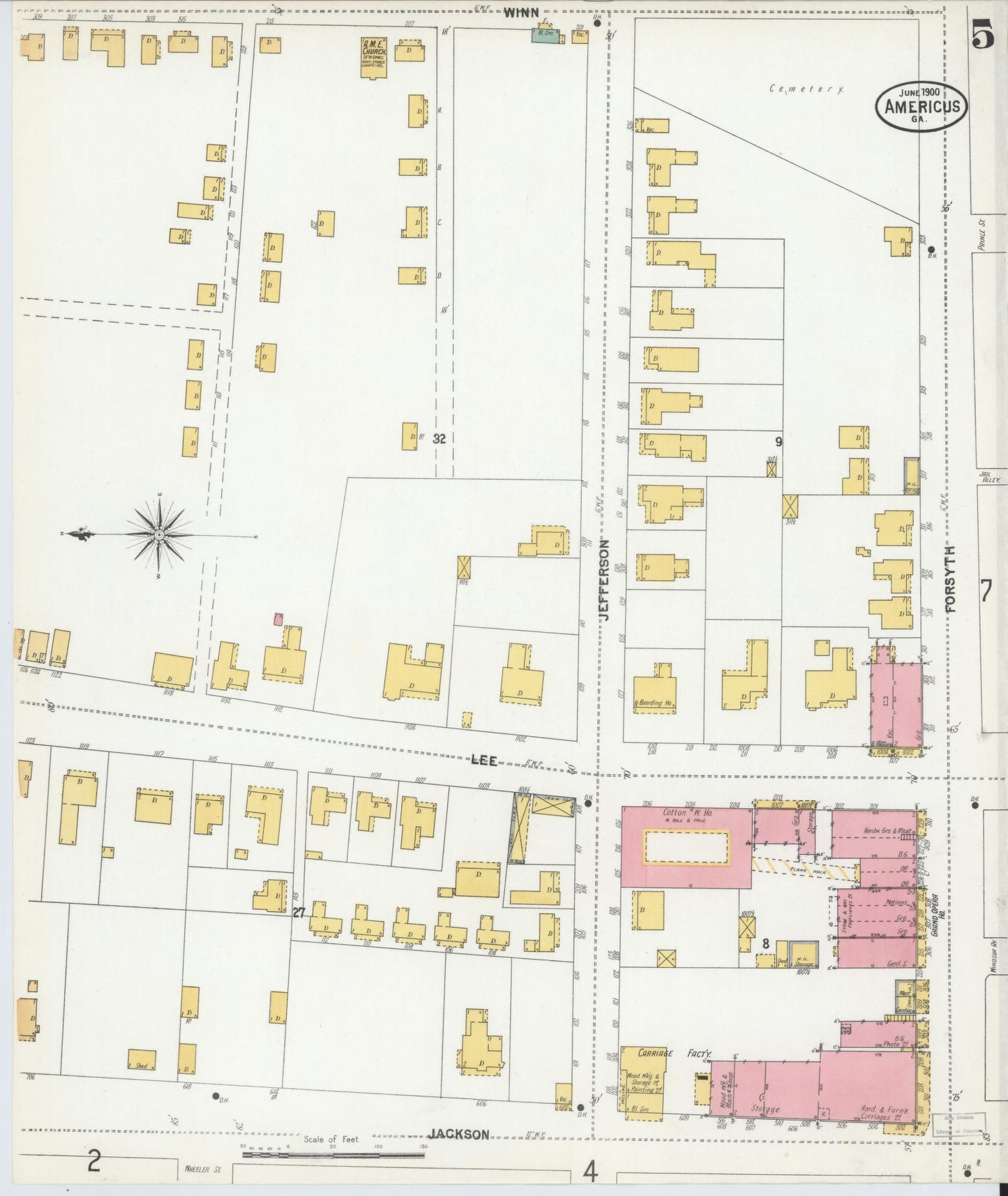 Sanborn Fire Insurance Map from Americus, Sumter County, Georgia (1900), Sheet #0005 - Complete Map Set gallery image, historic Sanborn map, vintage wall art, Georgia Georgia