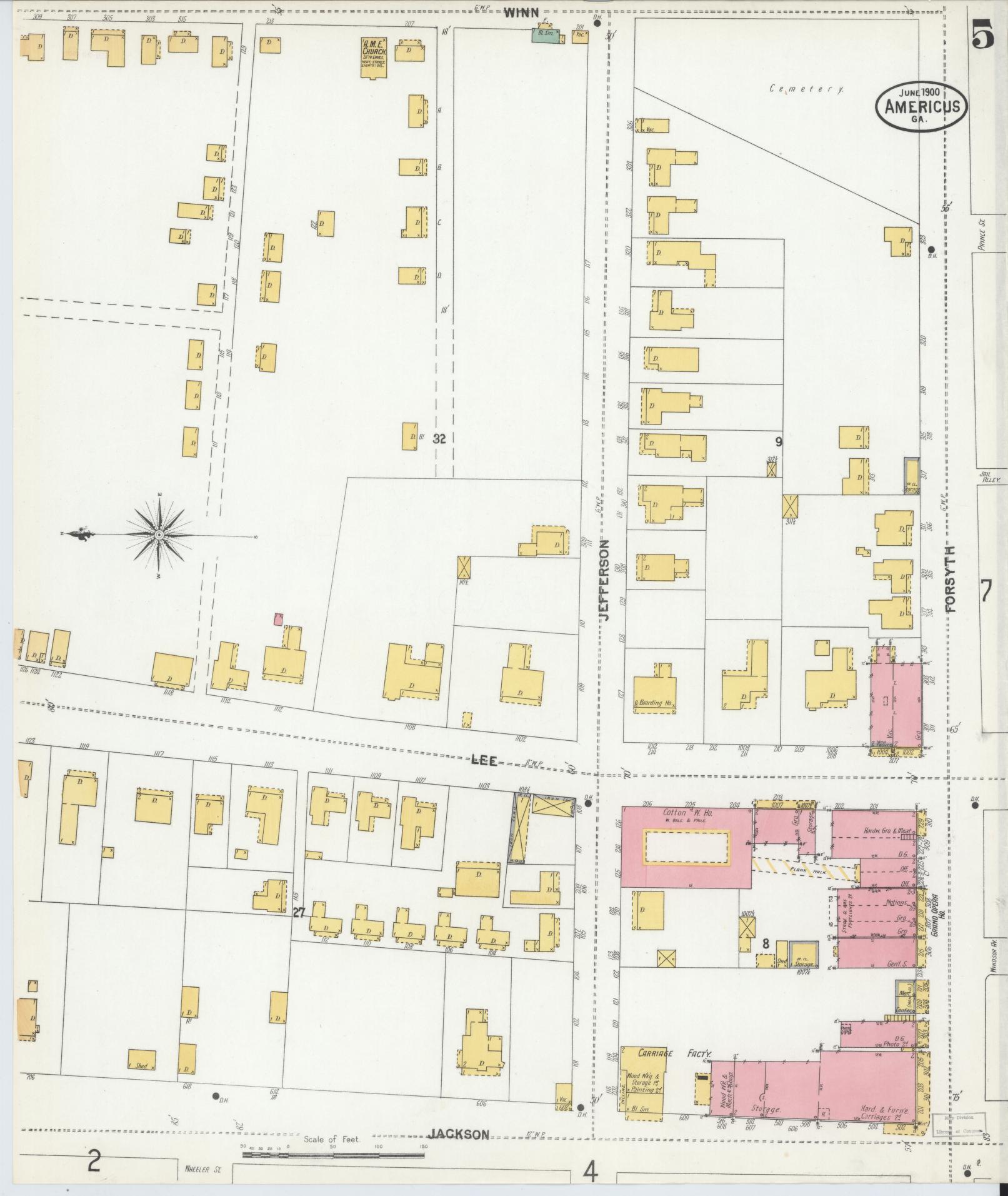 Sanborn Fire Insurance Map from Americus, Sumter County, Georgia (1900), Sheet #0005 - Complete Map Set gallery image, historic Sanborn map, vintage wall art, Georgia Georgia