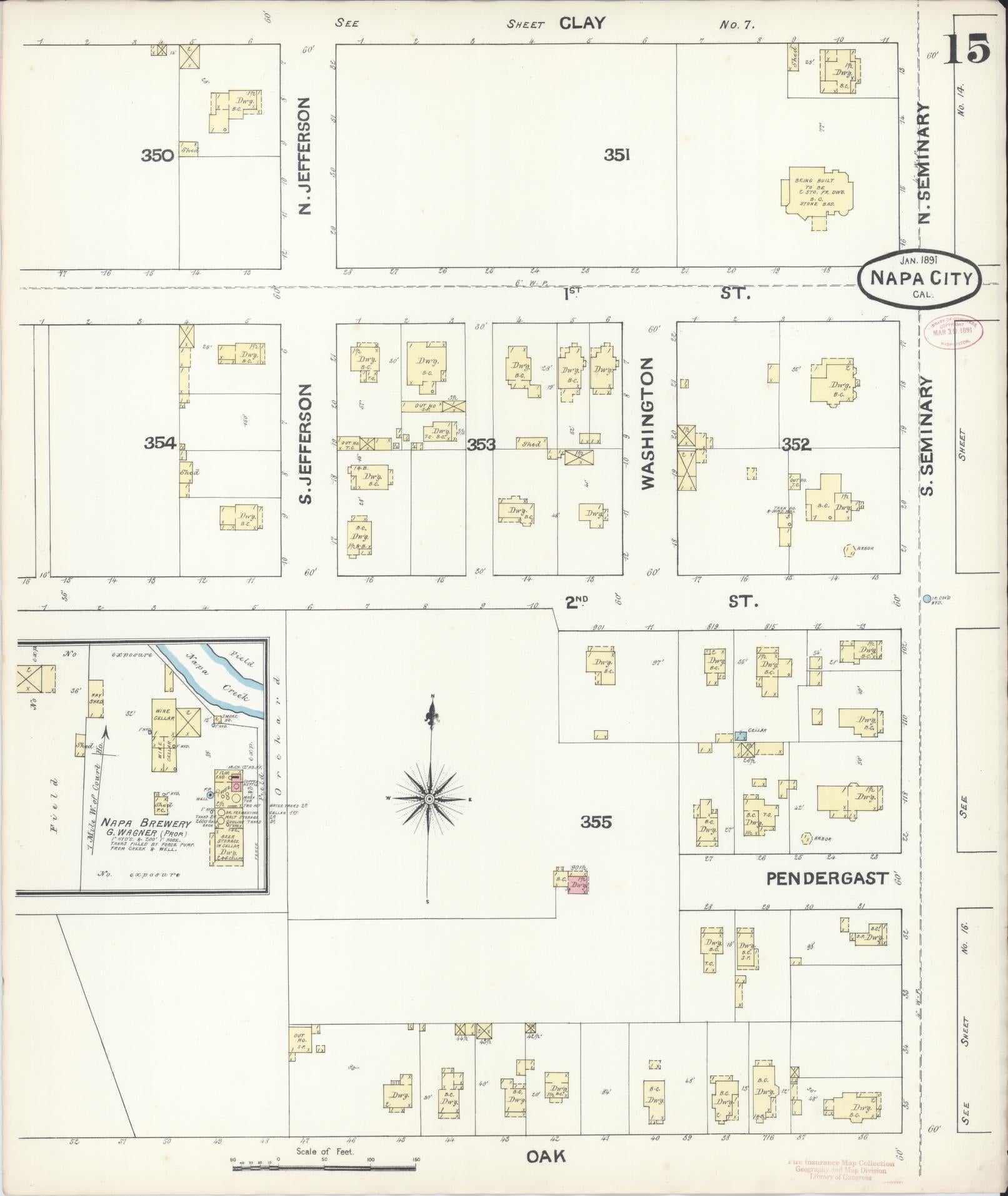 Sanborn Fire Insurance Map from Napa, Napa County, California (1891), Sheet #0015 - Historic Sanborn Fire Insurance Map Print, vintage old map wall art, antique decor, genealogy gift, California California map