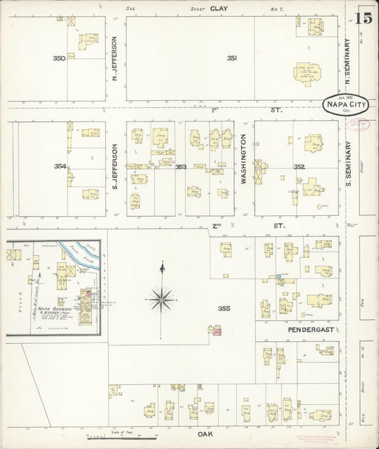 Sanborn Fire Insurance Map from Napa, Napa County, California (1891), Sheet #0015 - Historic Sanborn Fire Insurance Map Print, vintage old map wall art, antique decor, genealogy gift, California California map