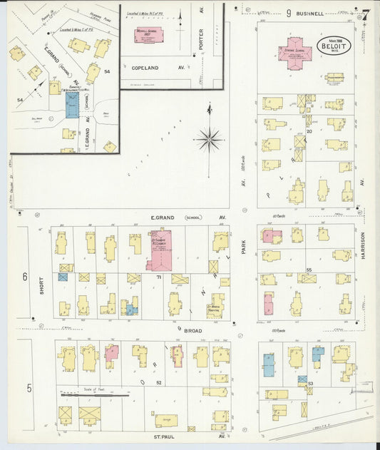Sanborn Fire Insurance Map from Beloit, Rock County, Wisconsin (1908), Sheet #0007 - Historic Sanborn Fire Insurance Map Print, vintage old map wall art, antique decor, genealogy gift, Wisconsin Wisconsin map