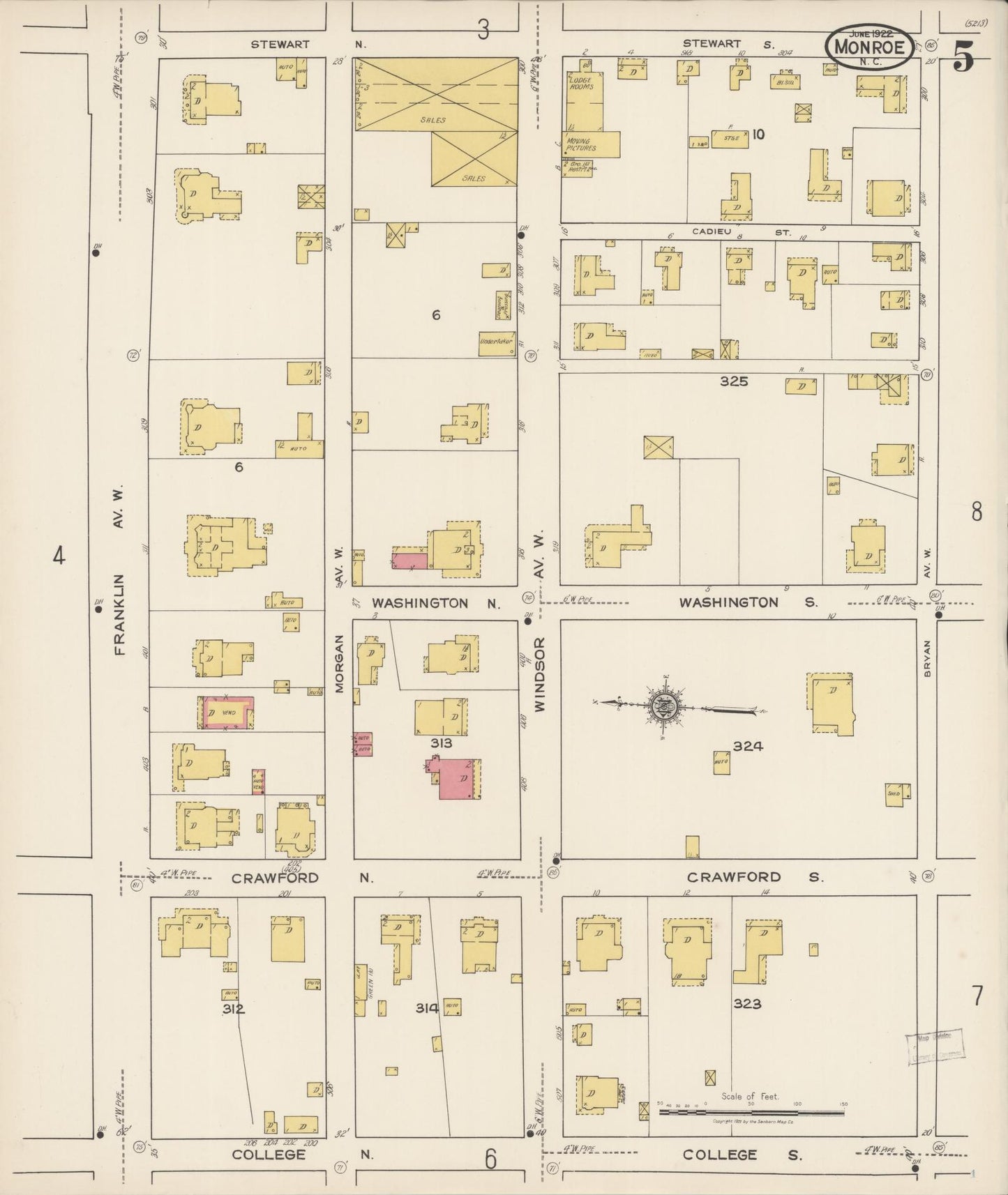 Sanborn Fire Insurance Map from Monroe, Union County, North Carolina (1922), Sheet #0005 - Complete Map Set gallery image, historic Sanborn map, vintage wall art, North Carolina North Carolina