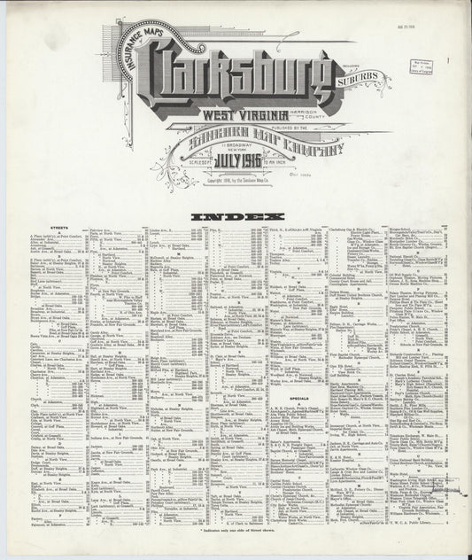 Sanborn Fire Insurance Map from Clarksburg, Harrison County, West Virginia (1916), Sheet #0001 - Historic Sanborn Fire Insurance Map Print, vintage old map wall art, antique decor, genealogy gift, West Virginia West Virginia map