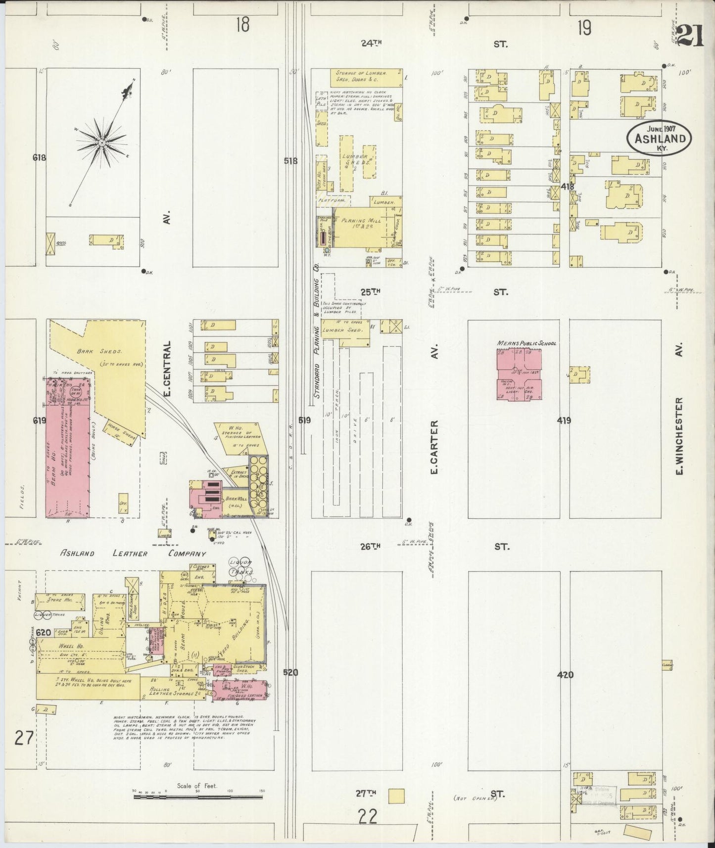 Sanborn Fire Insurance Map from Ashland, Boyd County, Kentucky (1907), Sheet #0021 - Complete Map Set gallery image, historic Sanborn map, vintage wall art, Kentucky Kentucky