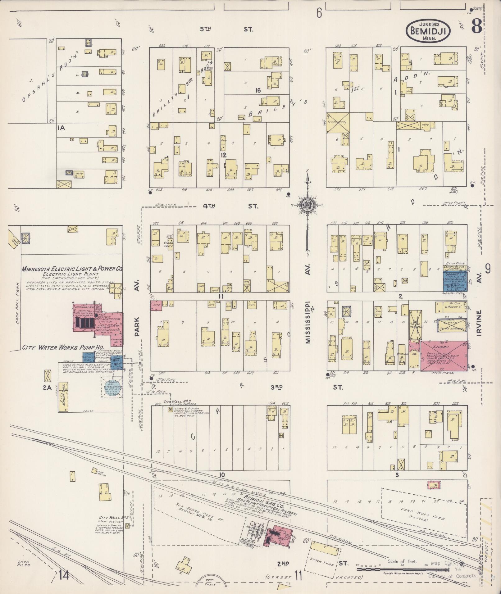 Sanborn Fire Insurance Map from Bemidji, Beltrami County, Minnesota (1922), Sheet #0008 - Historic Sanborn Fire Insurance Map Print, vintage old map wall art, antique decor, genealogy gift, Minnesota Minnesota map
