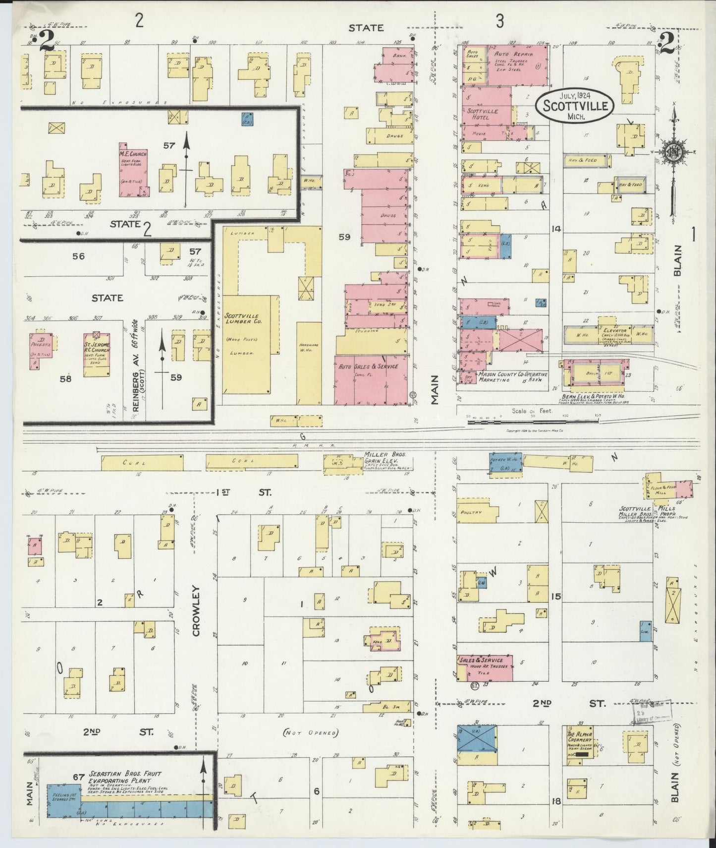 Sanborn Fire Insurance Map from Scottville, Mason County, Michigan (1924), Sheet #0002 - Complete Map Set gallery image, historic Sanborn map, vintage wall art, Michigan Michigan