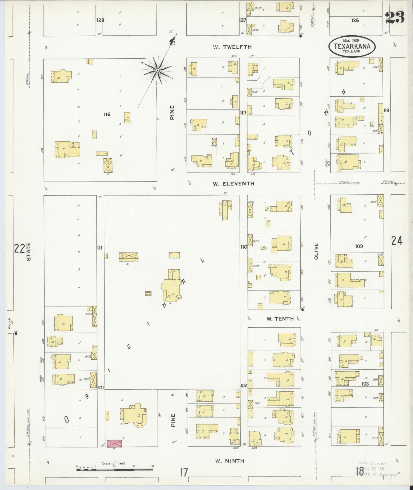 Sanborn Fire Insurance Map from Texarkana, Bowie County, Texas (1909), Sheet #0023 - Complete Map Set gallery image, historic Sanborn map, vintage wall art, Texas Texas
