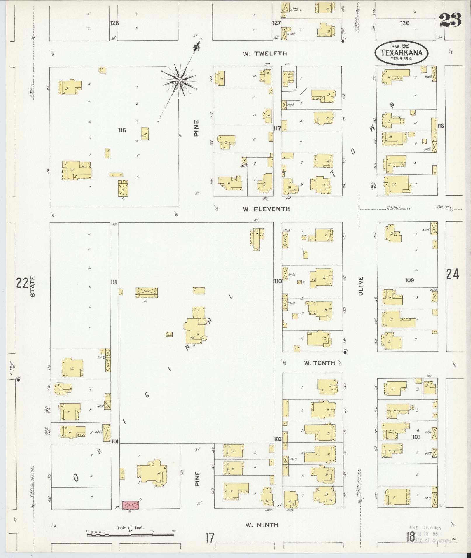Sanborn Fire Insurance Map from Texarkana, Bowie County, Texas (1909), Sheet #0023 - Complete Map Set gallery image, historic Sanborn map, vintage wall art, Texas Texas