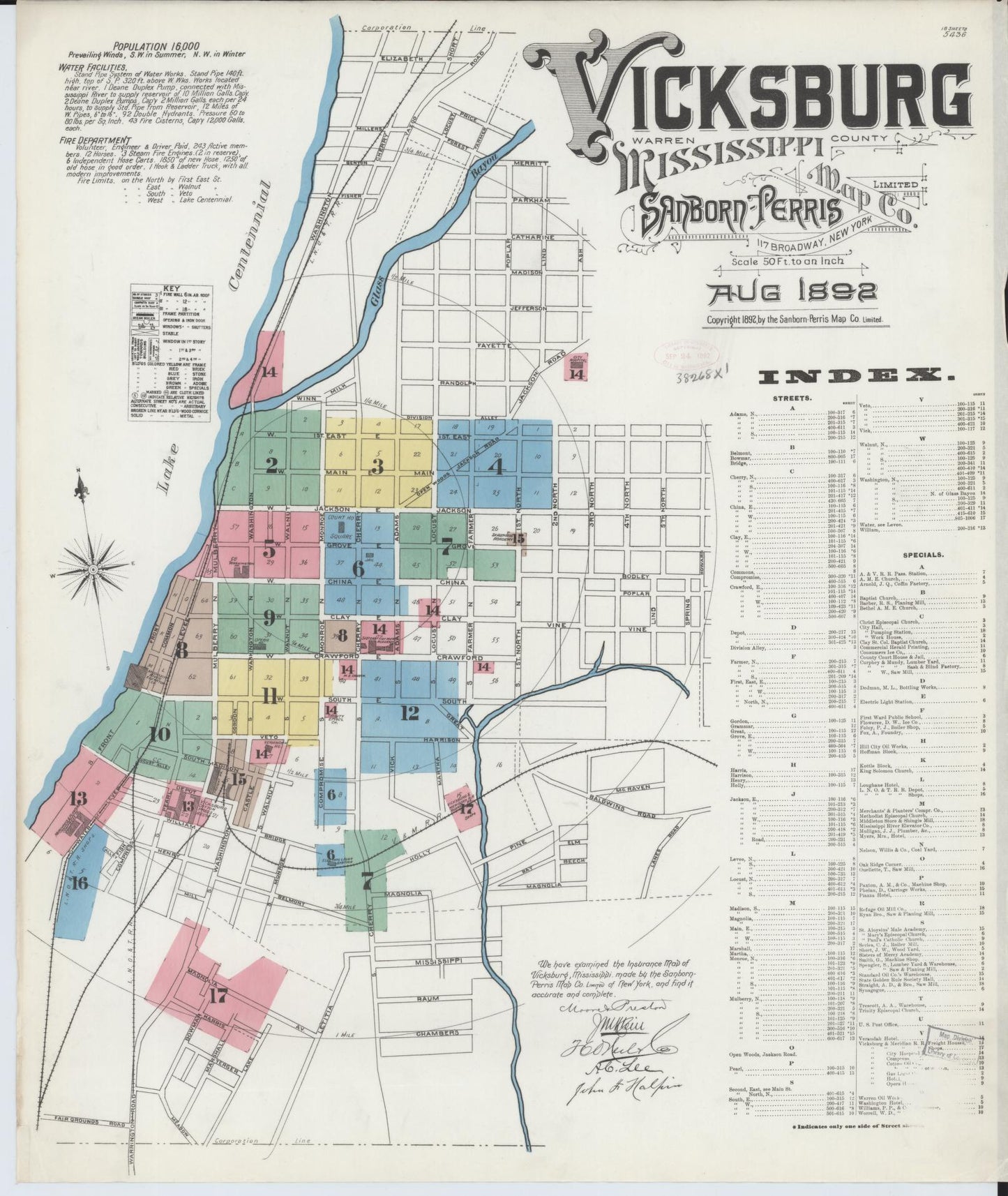 Sanborn Fire Insurance Map from Vicksburg, Warren County, Mississippi (1892), Sheet #0001 - Historic Sanborn Fire Insurance Map Print, vintage old map wall art, antique decor, genealogy gift, Mississippi Mississippi map