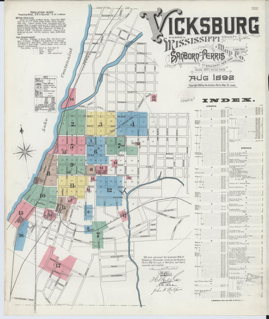 Sanborn Fire Insurance Map from Vicksburg, Warren County, Mississippi (1892), Sheet #0001 - Historic Sanborn Fire Insurance Map Print, vintage old map wall art, antique decor, genealogy gift, Mississippi Mississippi map