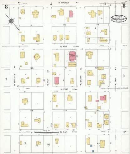 Sanborn Fire Insurance Map from Pauls Valley, Garvin County, Oklahoma (1923), Sheet #0008 - Complete Map Set gallery image, historic Sanborn map, vintage wall art, Oklahoma Oklahoma