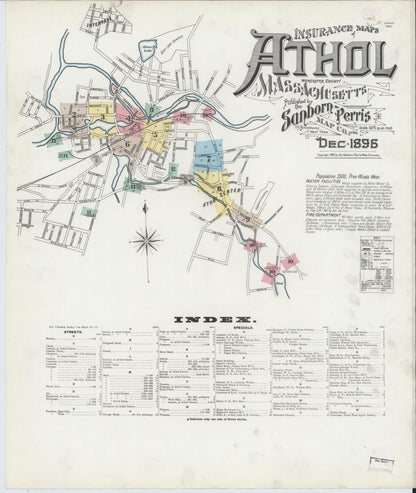 Sanborn Fire Insurance Map from Athol, Worcester County, Massachusetts (1896), Sheet #0001 - Historic Sanborn Fire Insurance Map Print, vintage old map wall art, antique decor, genealogy gift, Massachusetts Massachusetts map