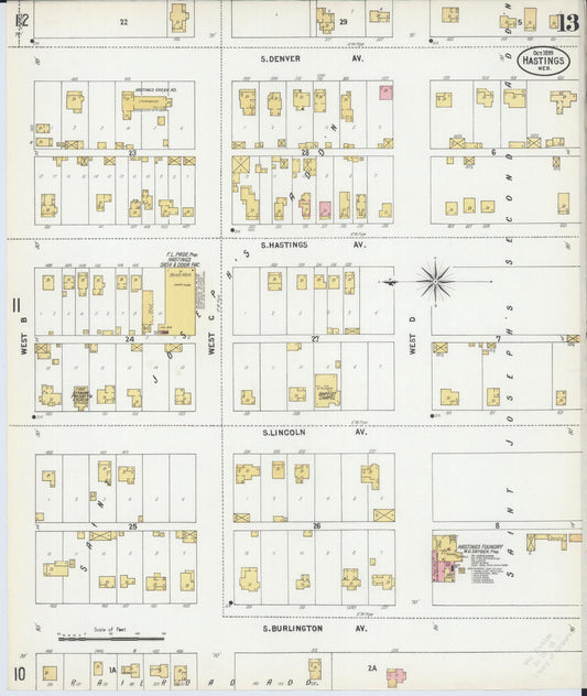 Sanborn Fire Insurance Map from Hastings, Adams County, Nebraska (1899), Sheet #0013 - Historic Sanborn Fire Insurance Map Print, vintage old map wall art, antique decor, genealogy gift, Nebraska Nebraska map