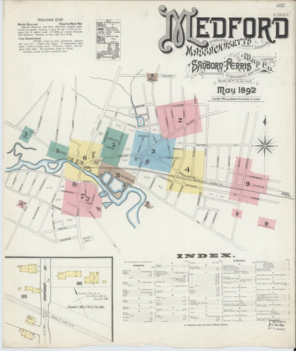 Sanborn Fire Insurance Map from Medford, Middlesex County, Massachusetts (1892), Sheet #0001 - Complete Map Set gallery image, historic Sanborn map, vintage wall art, Massachusetts Massachusetts