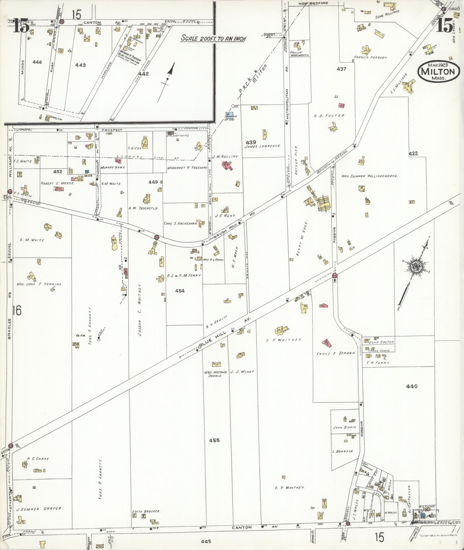Sanborn Fire Insurance Map from Milton, Norfolk County, Massachusetts (1923), Sheet #0015 - Complete Map Set gallery image, historic Sanborn map, vintage wall art, Massachusetts Massachusetts