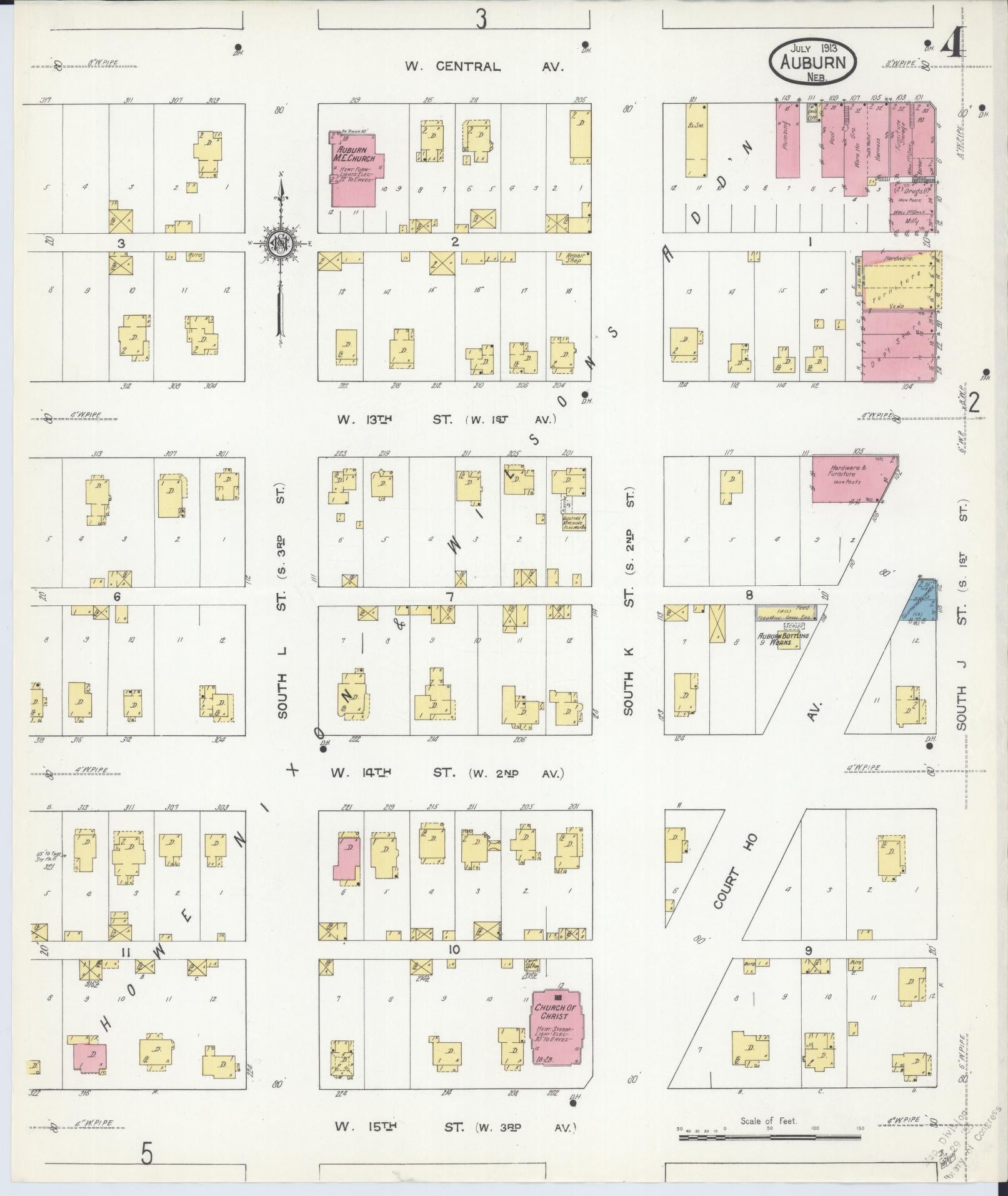 Sanborn Fire Insurance Map from Auburn, Nemaha County, Nebraska (1913), Sheet #0004 - Historic Sanborn Fire Insurance Map Print, vintage old map wall art, antique decor, genealogy gift, Nebraska Nebraska map