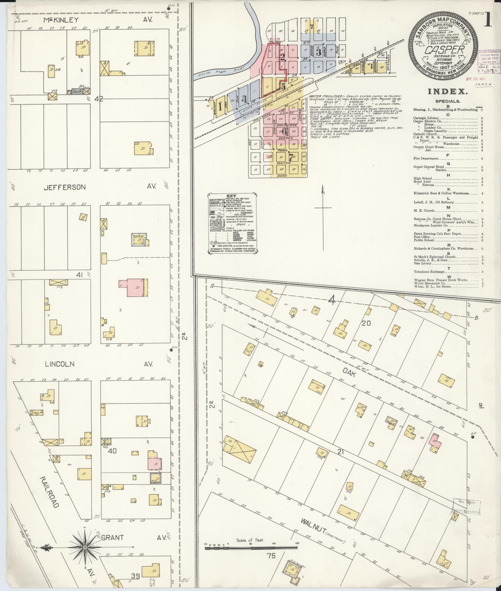 Sanborn Fire Insurance Map from Casper, Natrona County, Wyoming (1907), Sheet #0001 - Complete Map Set gallery image, historic Sanborn map, vintage wall art, Wyoming Wyoming