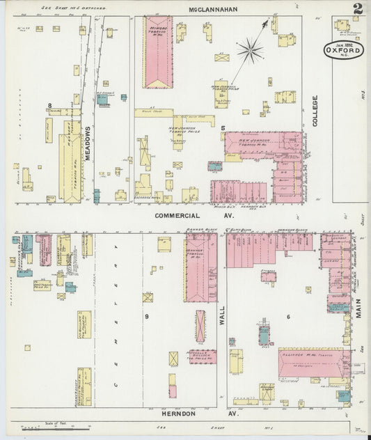 Sanborn Fire Insurance Map from Oxford, Granville County, North Carolina (1892), Sheet #0002 - Historic Sanborn Fire Insurance Map Print, vintage old map wall art, antique decor, genealogy gift, North Carolina North Carolina map