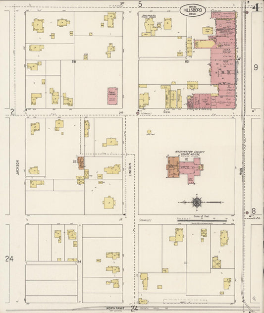 Sanborn Fire Insurance Map from Hillsboro, Washington County, Oregon (1921), Sheet #0004 - Historic Sanborn Fire Insurance Map Print, vintage old map wall art, antique decor, genealogy gift, Oregon Oregon map