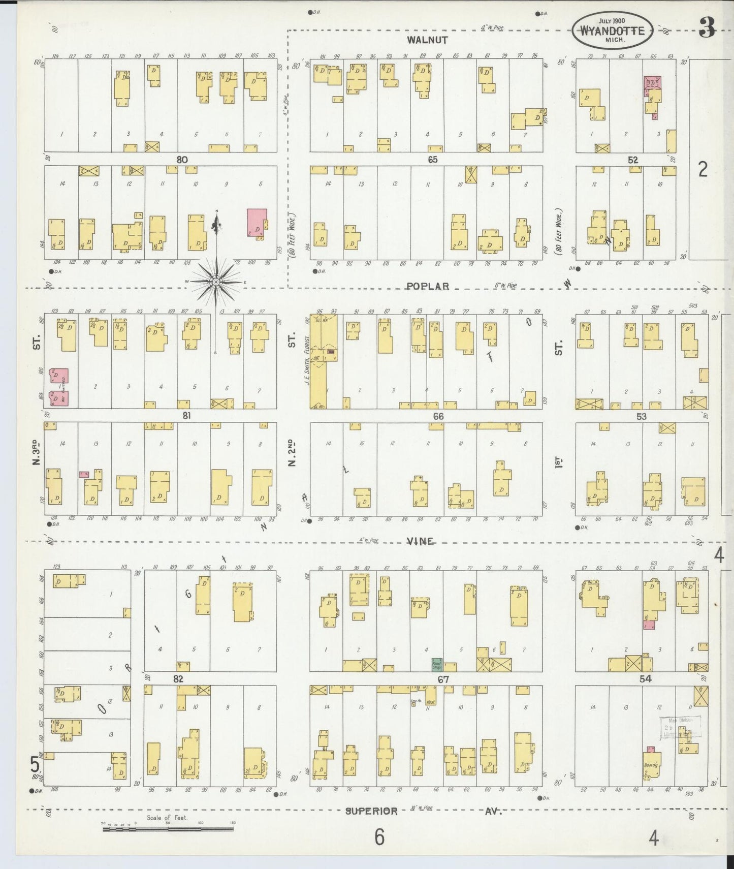 Sanborn Fire Insurance Map from Wyandotte, Wayne County, Michigan (1900), Sheet #0003 - Complete Map Set gallery image, historic Sanborn map, vintage wall art, Michigan Michigan