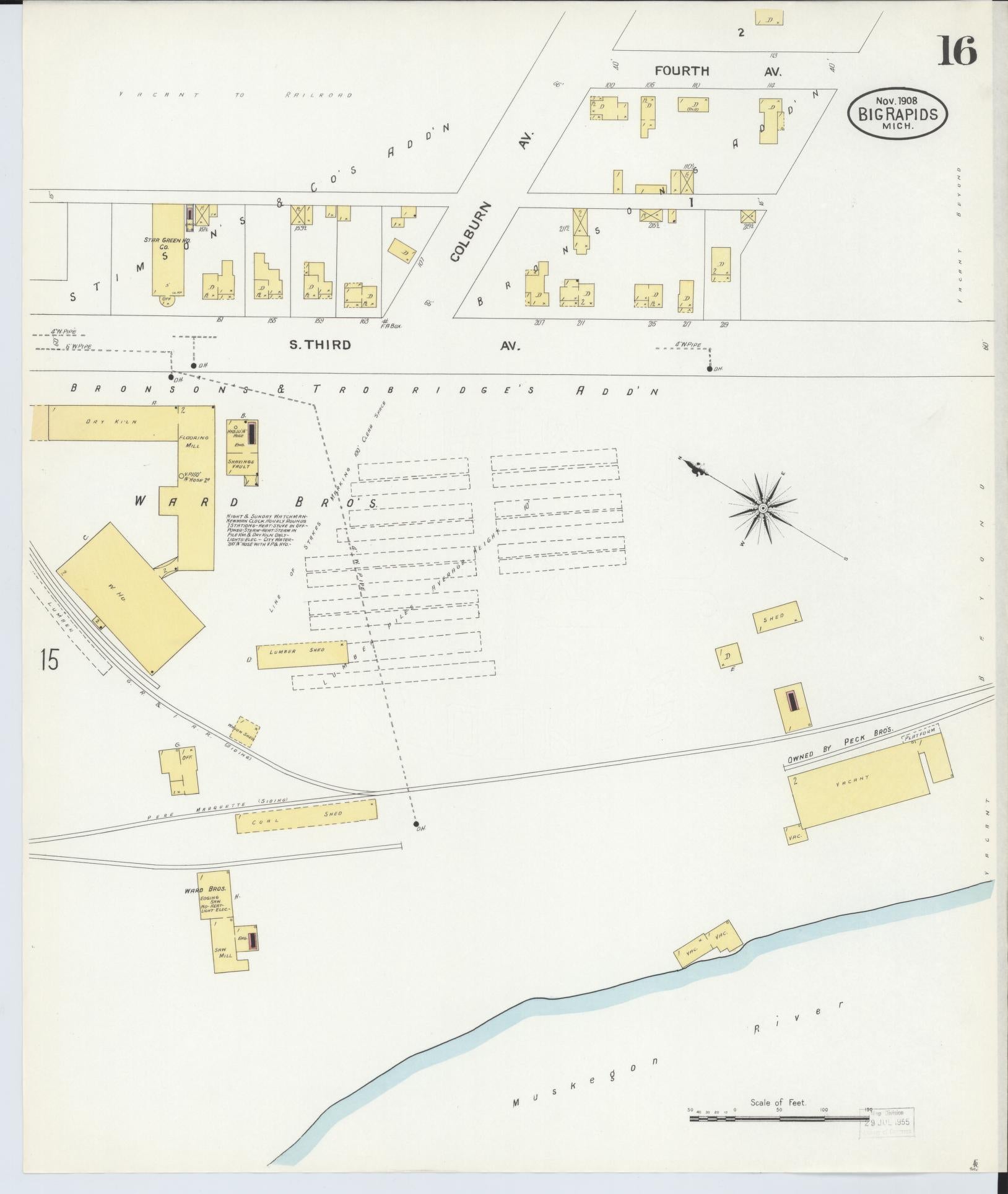 Sanborn Fire Insurance Map from Big Rapids, Mecosta County, Michigan (1908), Sheet #0016 - Historic Sanborn Fire Insurance Map Print, vintage old map wall art, antique decor, genealogy gift, Michigan Michigan map