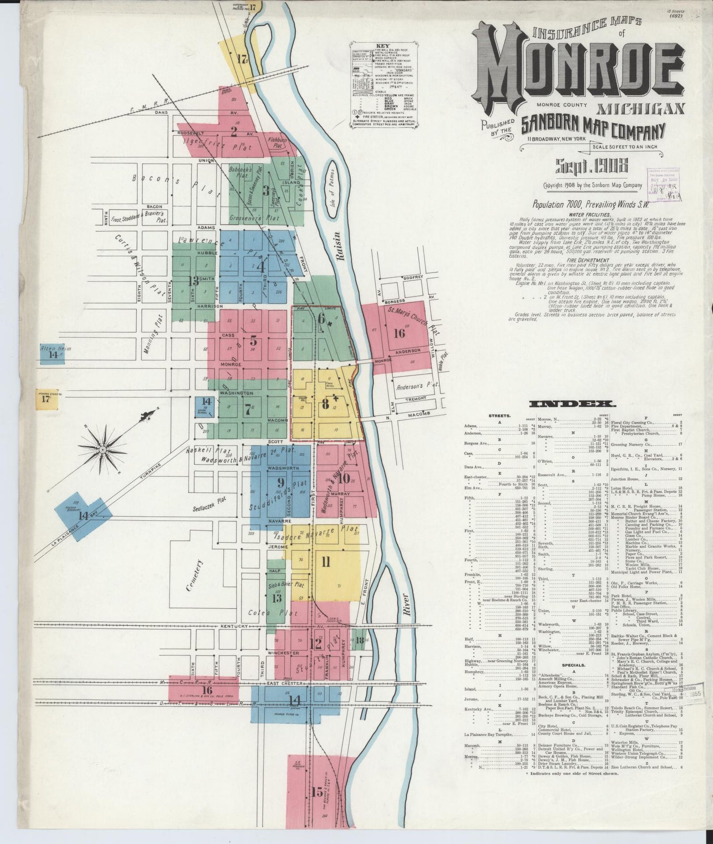 Sanborn Fire Insurance Map from Monroe, Monroe County, Michigan (1908), Sheet #0001 - Complete Map Set gallery image, historic Sanborn map, vintage wall art, Michigan Michigan