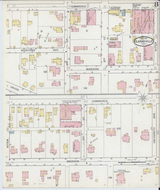 Sanborn Fire Insurance Map from Clarksville, Montgomery County, Tennessee (1893), Sheet #0008 - Historic Sanborn Fire Insurance Map Print, vintage old map wall art, antique decor, genealogy gift, Tennessee Tennessee map
