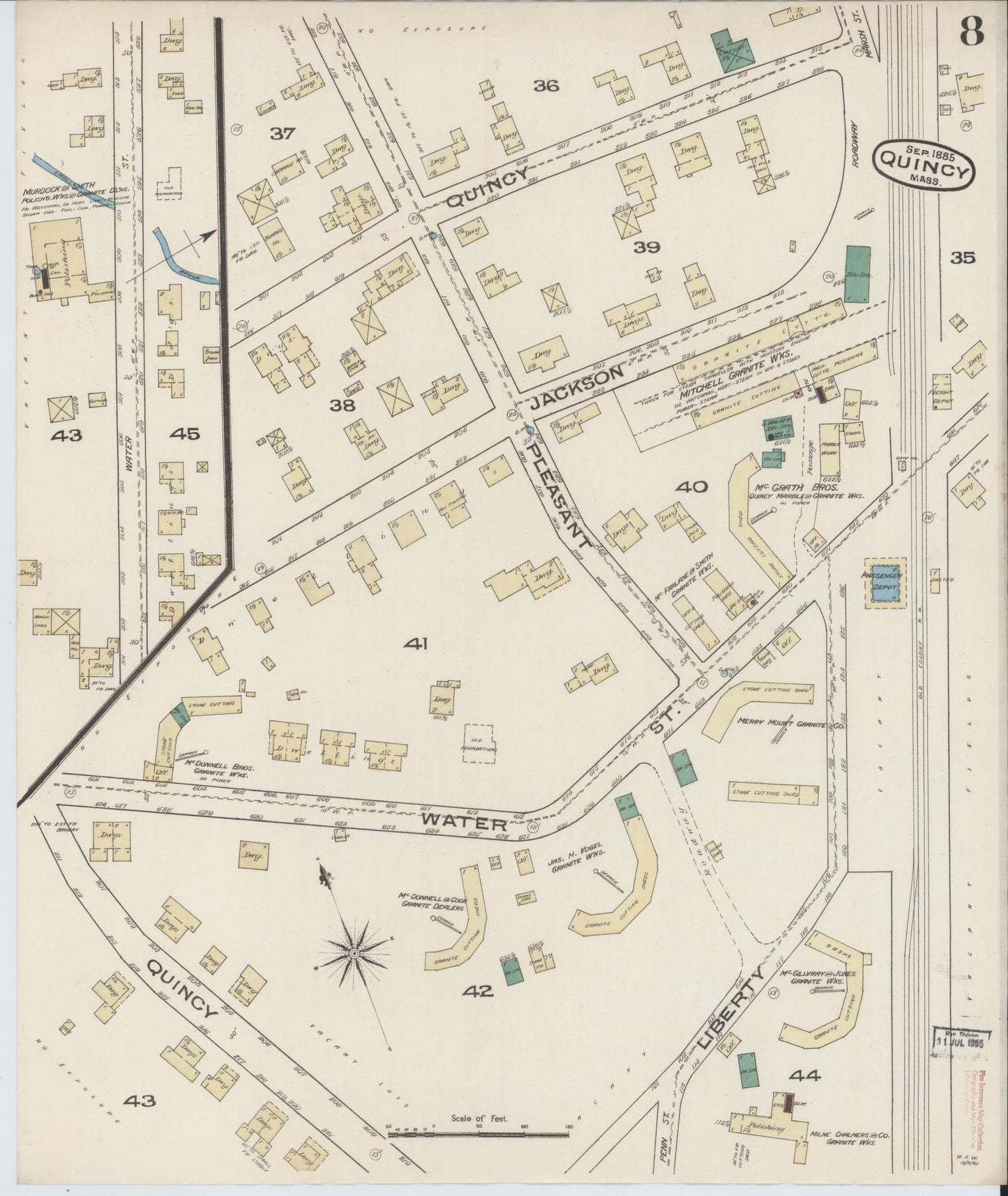 Sanborn Fire Insurance Map from Quincy, Norfolk County, Massachusetts (1885), Sheet #0008 - Historic Sanborn Fire Insurance Map Print, vintage old map wall art, antique decor, genealogy gift, Massachusetts Massachusetts map