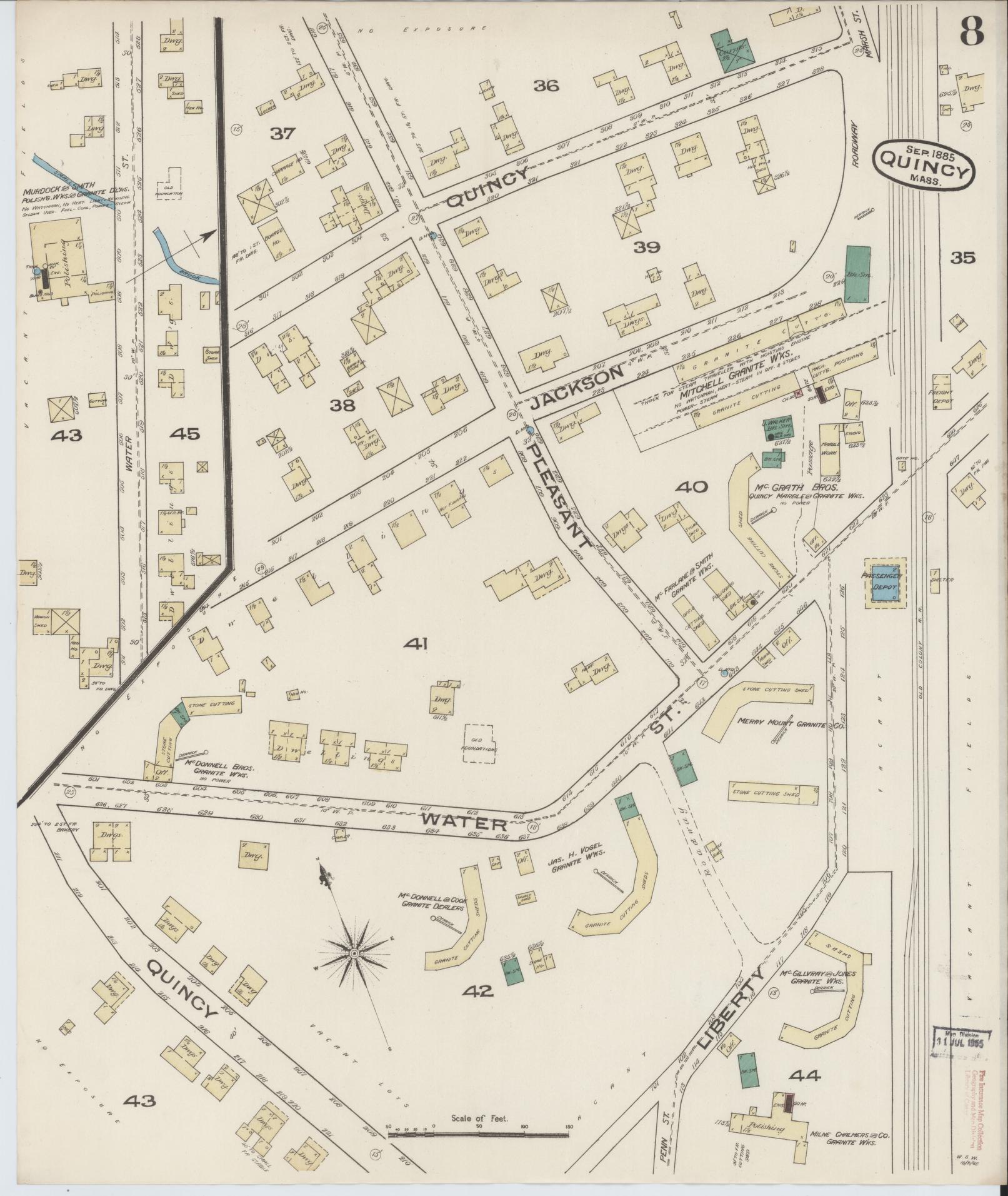 Sanborn Fire Insurance Map from Quincy, Norfolk County, Massachusetts (1885), Sheet #0008 - Historic Sanborn Fire Insurance Map Print, vintage old map wall art, antique decor, genealogy gift, Massachusetts Massachusetts map