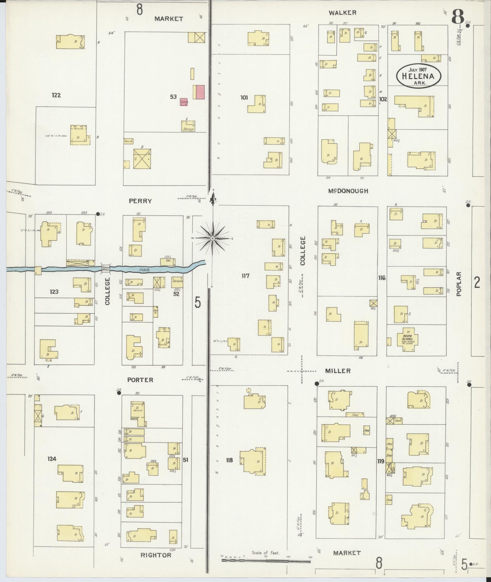 Sanborn Fire Insurance Map from Helena, Phillips County, Arkansas (1907), Sheet #0008 - Historic Sanborn Fire Insurance Map Print, vintage old map wall art, antique decor, genealogy gift, Arkansas Arkansas map