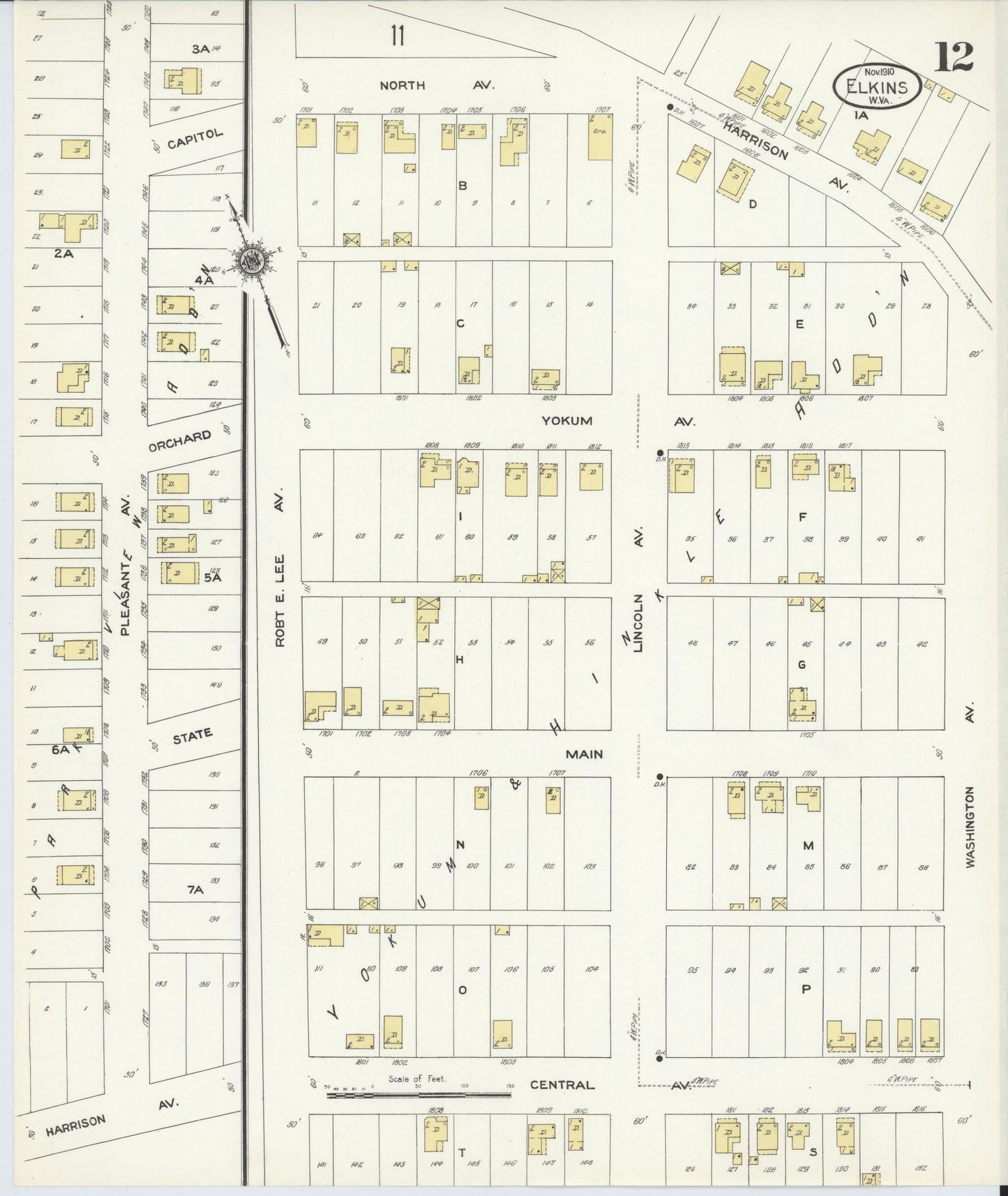 Sanborn Fire Insurance Map from Elkins, Randolph County, West Virginia (1910), Sheet #0012 - Complete Map Set gallery image, historic Sanborn map, vintage wall art, West Virginia West Virginia