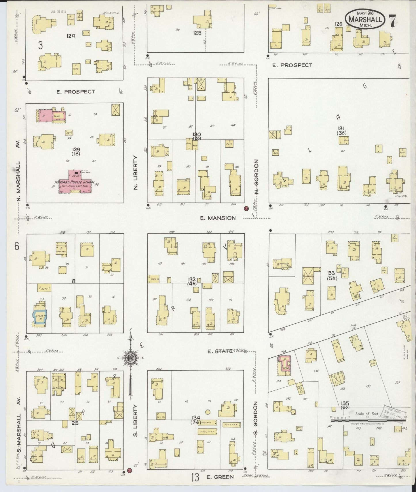 Sanborn Fire Insurance Map from Marshall, Calhoun County, Michigan (1916), Sheet #0007 - Complete Map Set gallery image, historic Sanborn map, vintage wall art, Michigan Michigan
