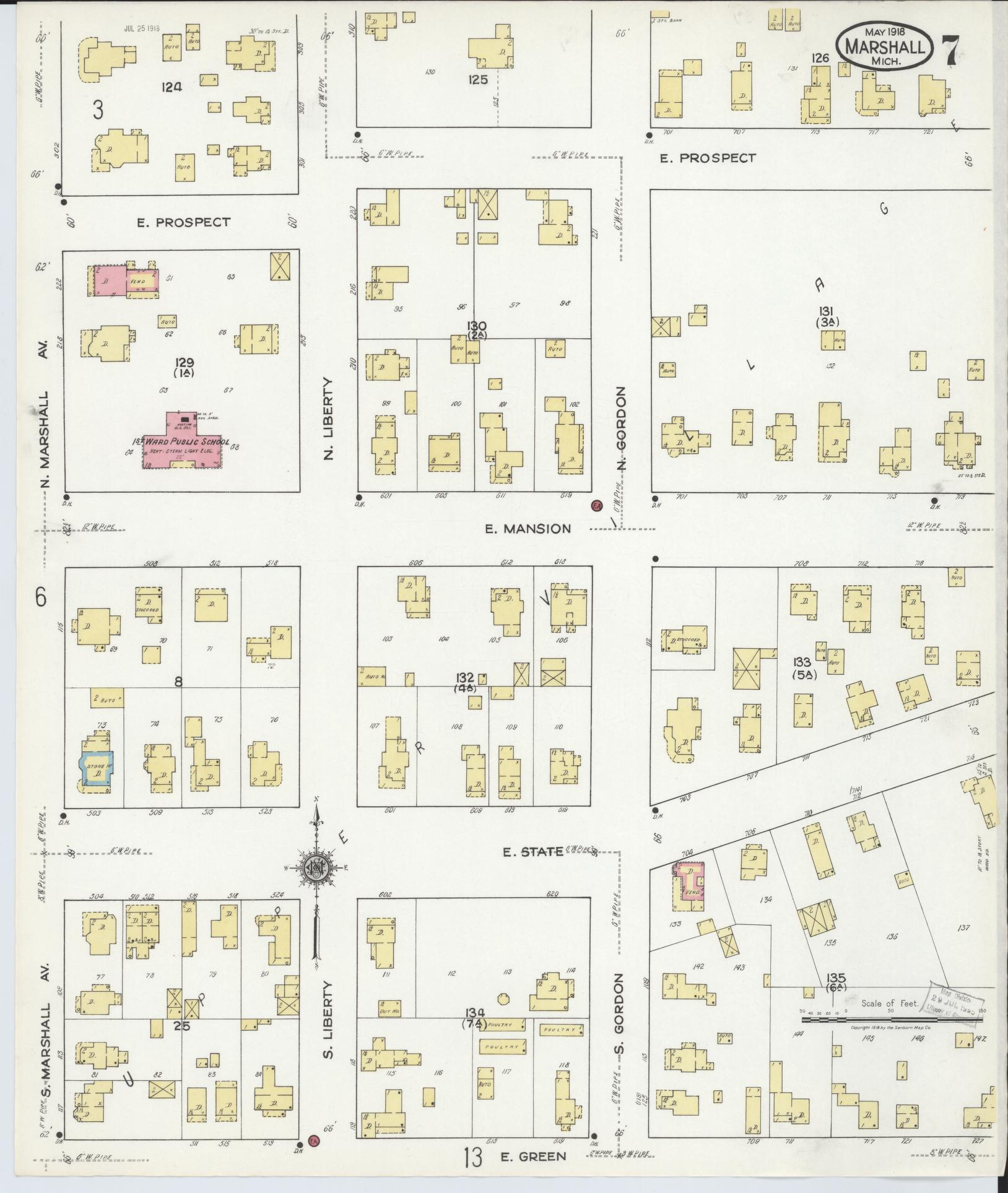 Sanborn Fire Insurance Map from Marshall, Calhoun County, Michigan (1916), Sheet #0007 - Complete Map Set gallery image, historic Sanborn map, vintage wall art, Michigan Michigan