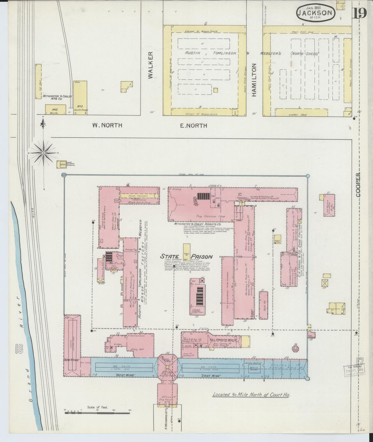 Sanborn Fire Insurance Map from Jackson, Jackson County, Michigan (1893), Sheet #0019 - Historic Sanborn Fire Insurance Map Print, vintage old map wall art, antique decor, genealogy gift, Michigan Michigan map