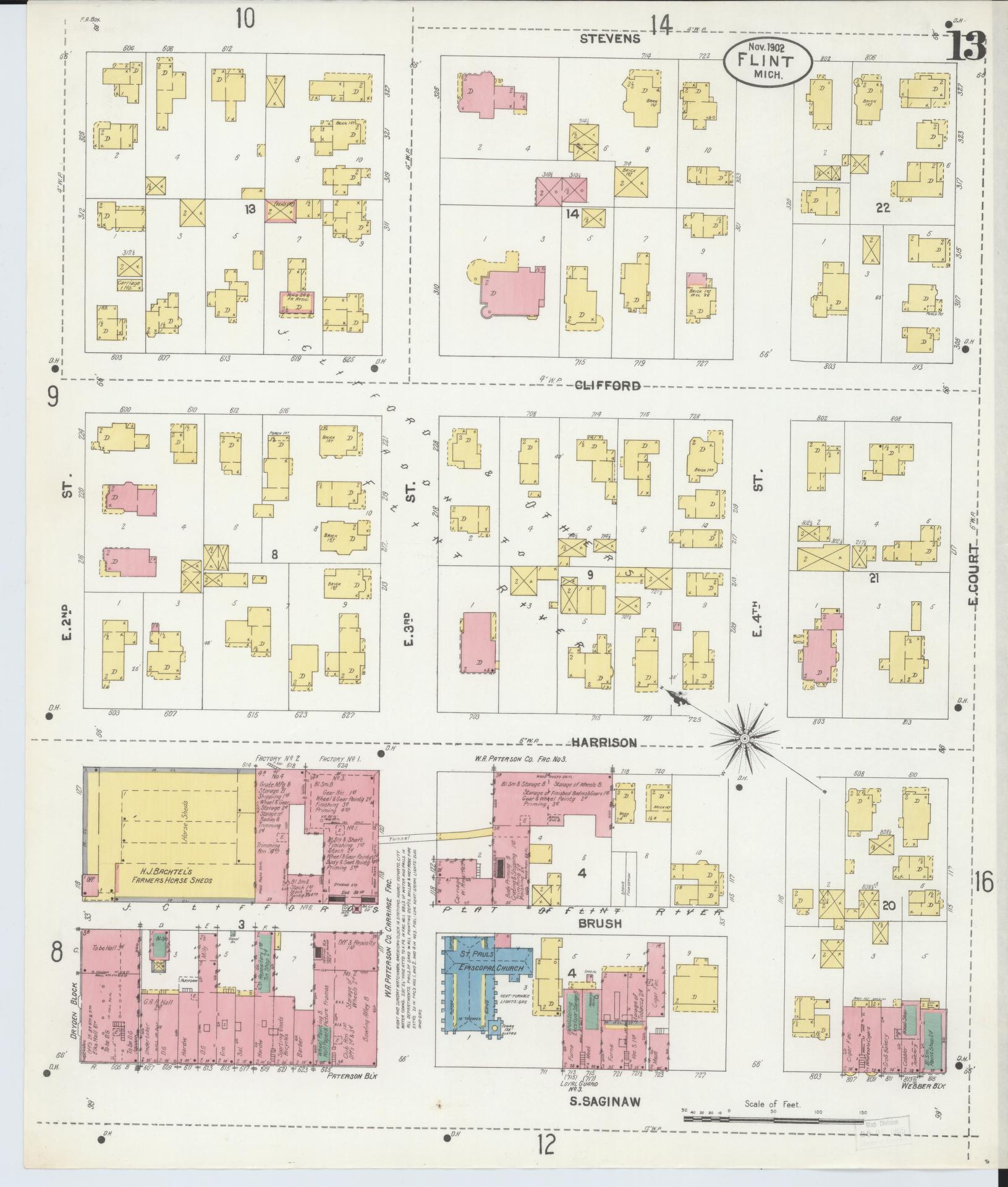 Sanborn Fire Insurance Map from Flint, Genesee County, Michigan (1902), Sheet #0013 - Complete Map Set gallery image, historic Sanborn map, vintage wall art, Michigan Michigan