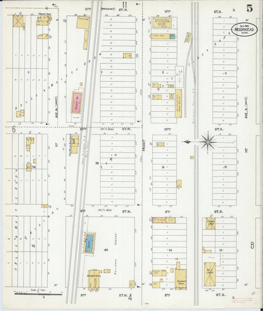 Sanborn Fire Insurance Map from Moorhead, Clay County, Minnesota (1906), Sheet #0005 - Historic Sanborn Fire Insurance Map Print, vintage old map wall art, antique decor, genealogy gift, Minnesota Minnesota map