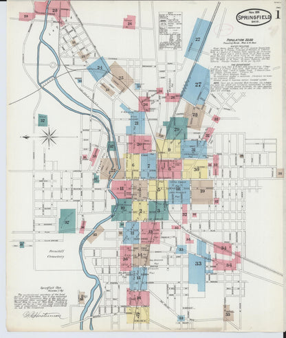 Sanborn Fire Insurance Map from Springfield, Clark County, Ohio (1891), Sheet #0001 - Historic Sanborn Fire Insurance Map Print, vintage old map wall art, antique decor, genealogy gift, Ohio Ohio map