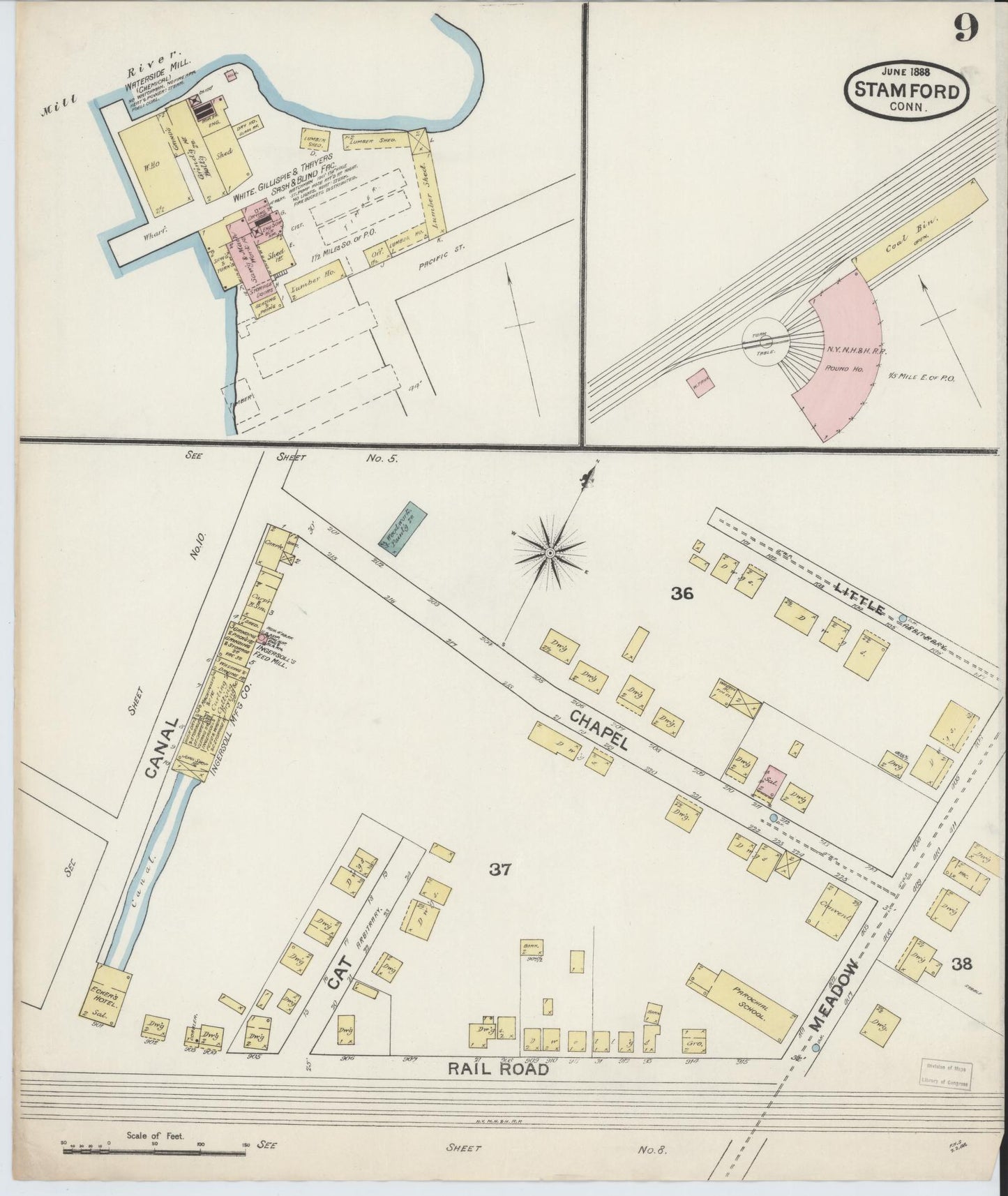 Sanborn Fire Insurance Map from Stamford, Fairfield County, Connecticut (1888), Sheet #0009 - Complete Map Set gallery image, historic Sanborn map, vintage wall art, Connecticut Connecticut