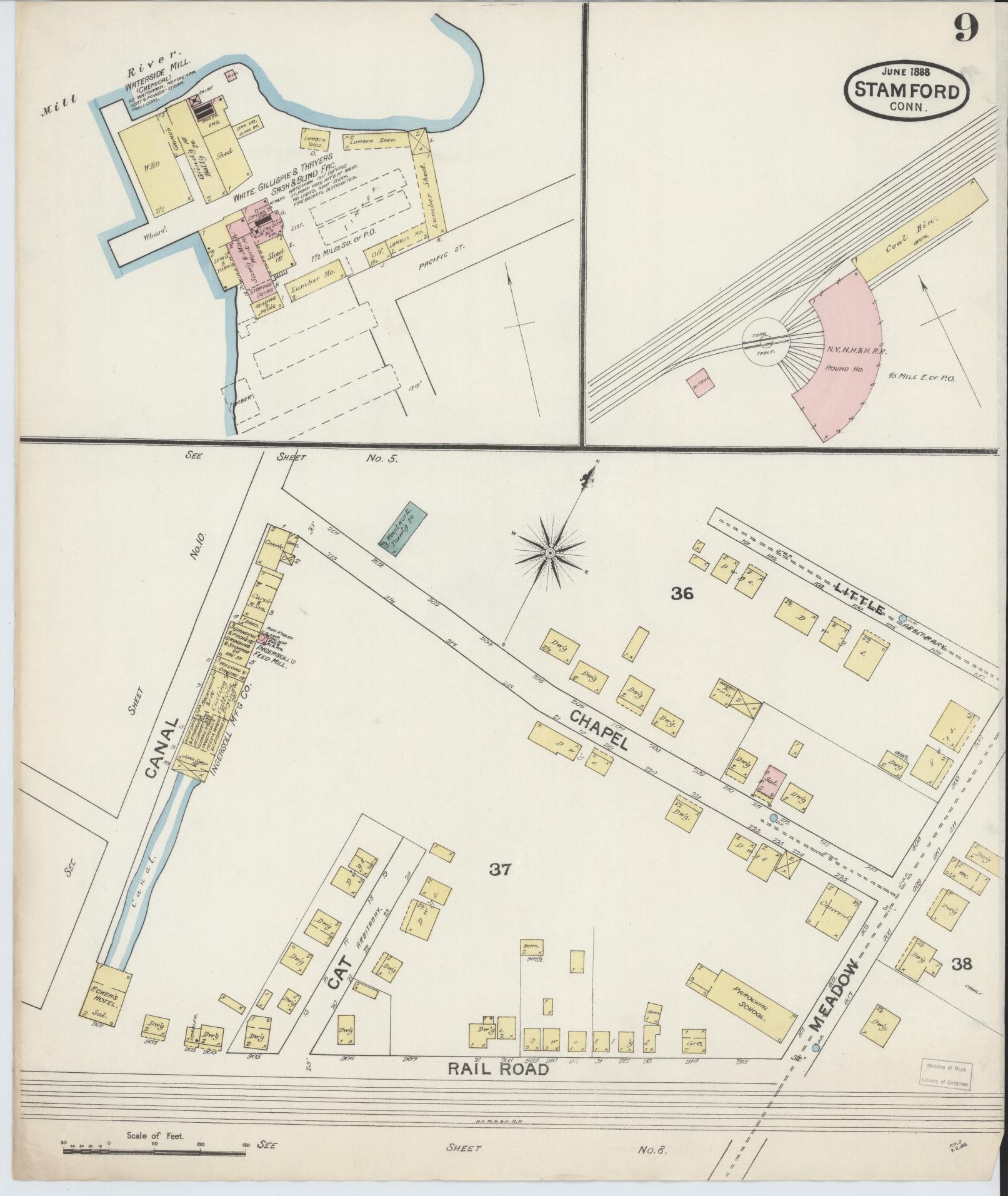 Sanborn Fire Insurance Map from Stamford, Fairfield County, Connecticut (1888), Sheet #0009 - Complete Map Set gallery image, historic Sanborn map, vintage wall art, Connecticut Connecticut