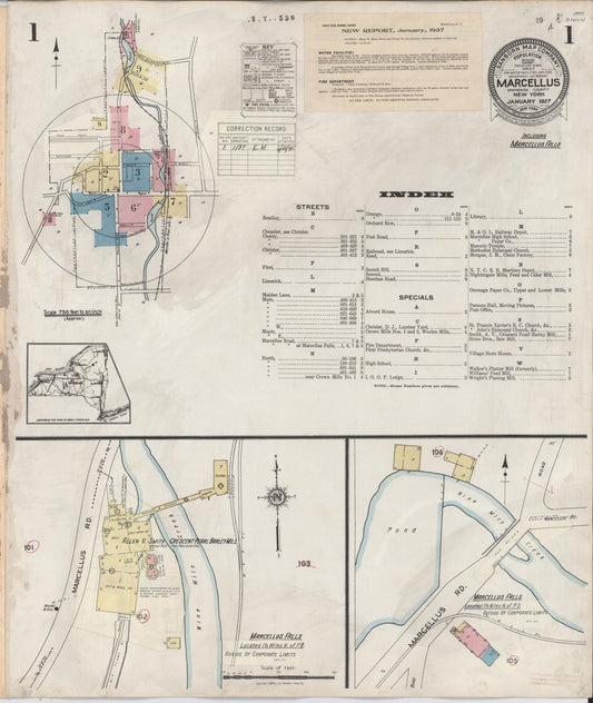 Sanborn Fire Insurance Map from Marcellus, Onondaga County, New York (1937), Sheet #0001 - Historic Sanborn Fire Insurance Map Print, vintage old map wall art, antique decor, genealogy gift, New York New York map