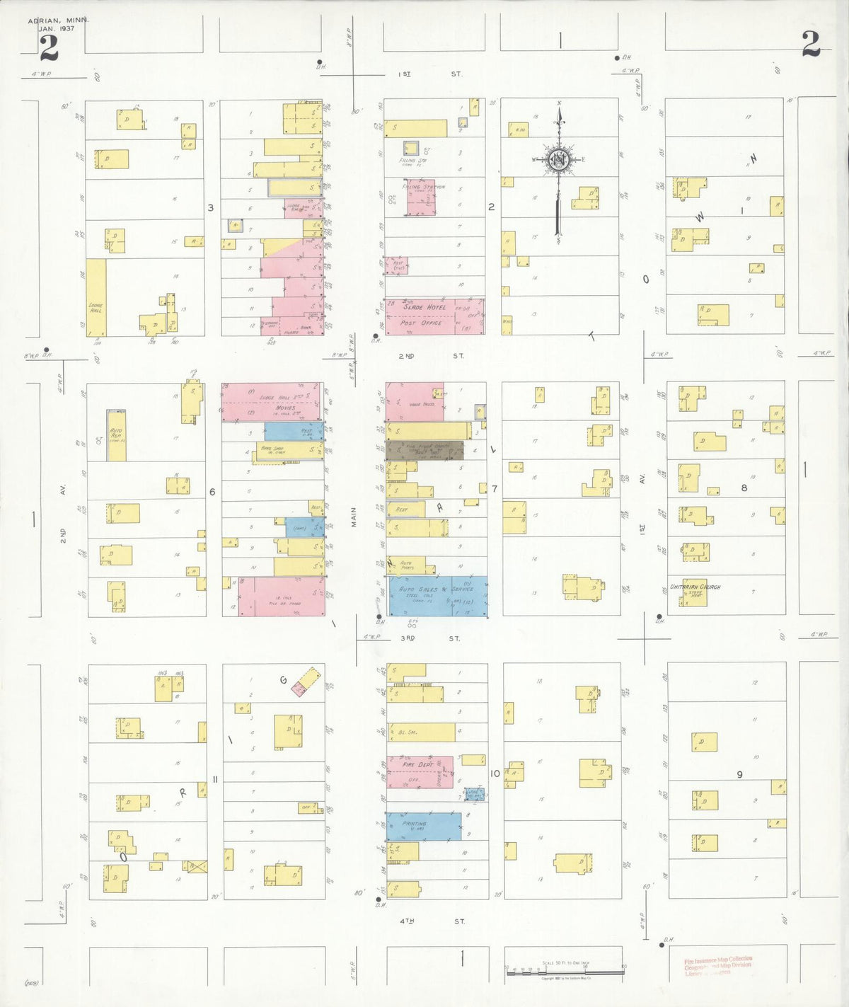 Sanborn Fire Insurance Map from Adrian, Nobles County, Minnesota (1937), Sheet #0002 - Complete Map Set gallery image, historic Sanborn map, vintage wall art, Minnesota Minnesota