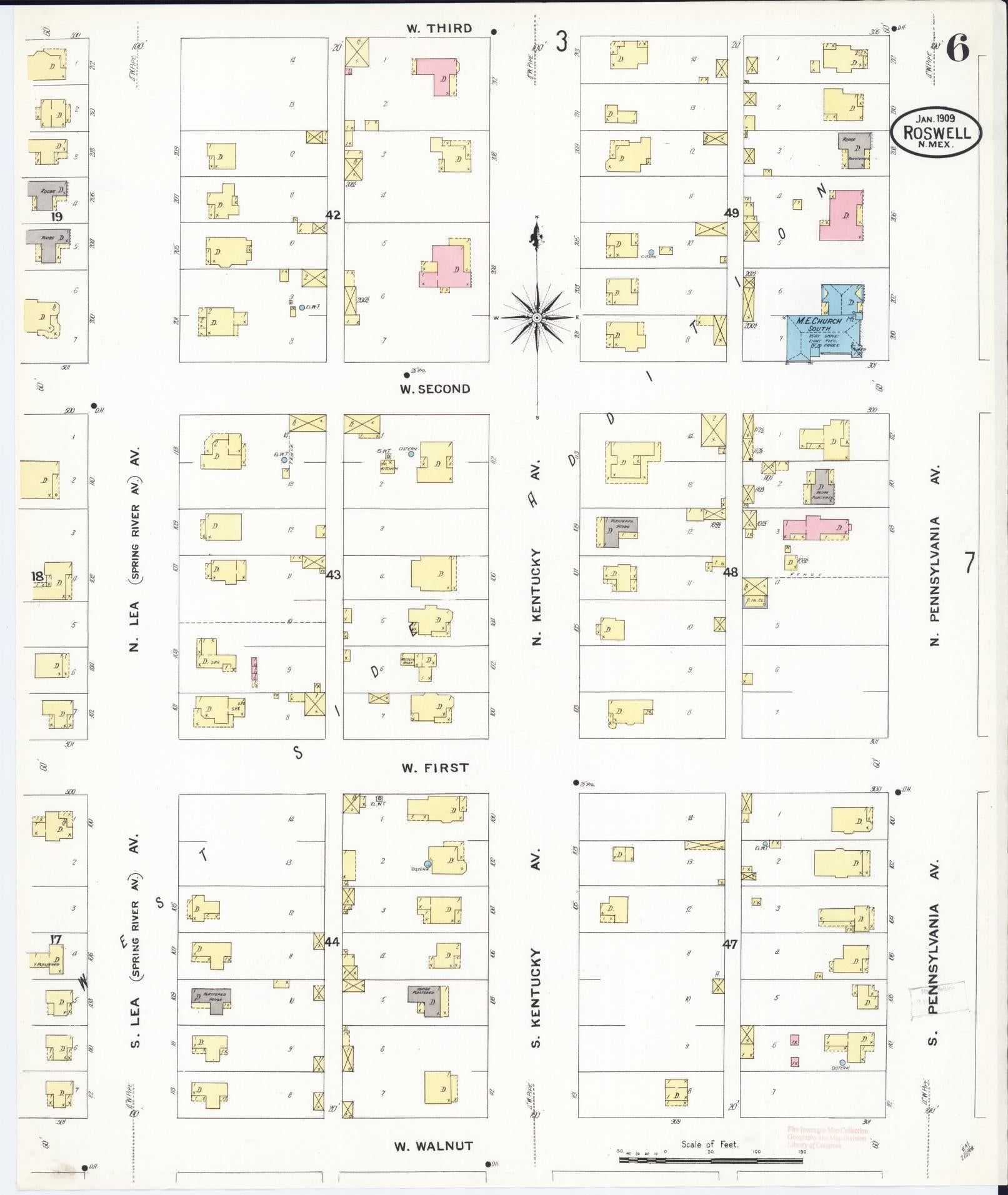 Sanborn Fire Insurance Map from Roswell, Chaves County, New Mexico (1909), Sheet #0006 - Historic Sanborn Fire Insurance Map Print, vintage old map wall art, antique decor, genealogy gift, New Mexico New Mexico map