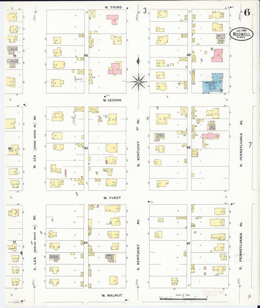 Sanborn Fire Insurance Map from Roswell, Chaves County, New Mexico (1909), Sheet #0006 - Historic Sanborn Fire Insurance Map Print, vintage old map wall art, antique decor, genealogy gift, New Mexico New Mexico map