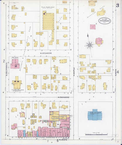Sanborn Fire Insurance Map from Sycamore, De Kalb County, Illinois (1905), Sheet #0003 - Historic Sanborn Fire Insurance Map Print, vintage old map wall art, antique decor, genealogy gift, Illinois Illinois map