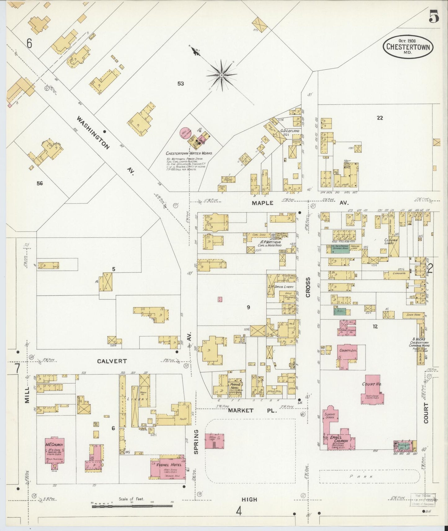 Sanborn Fire Insurance Map from Chestertown, Kent County, Maryland (1908), Sheet #0005 - Complete Map Set gallery image, historic Sanborn map, vintage wall art, Maryland Maryland